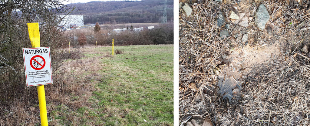 Eine Wiese, auf der ein Schild steht "Naturgas - Feuer, offenes Licht und Rauchen verboten". Daneben ein Foto von der Erde. In den Überresten einer Pfütze sind Blasen zu erkennen. 