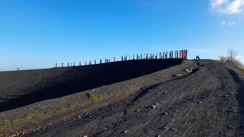 Eine Halde unter blauem Himmel. Oben drauf stehen bunt angemalte Pfähle und auf dem Hang der Halde sind Gras und karges Gestrüpp zu erkennen. 