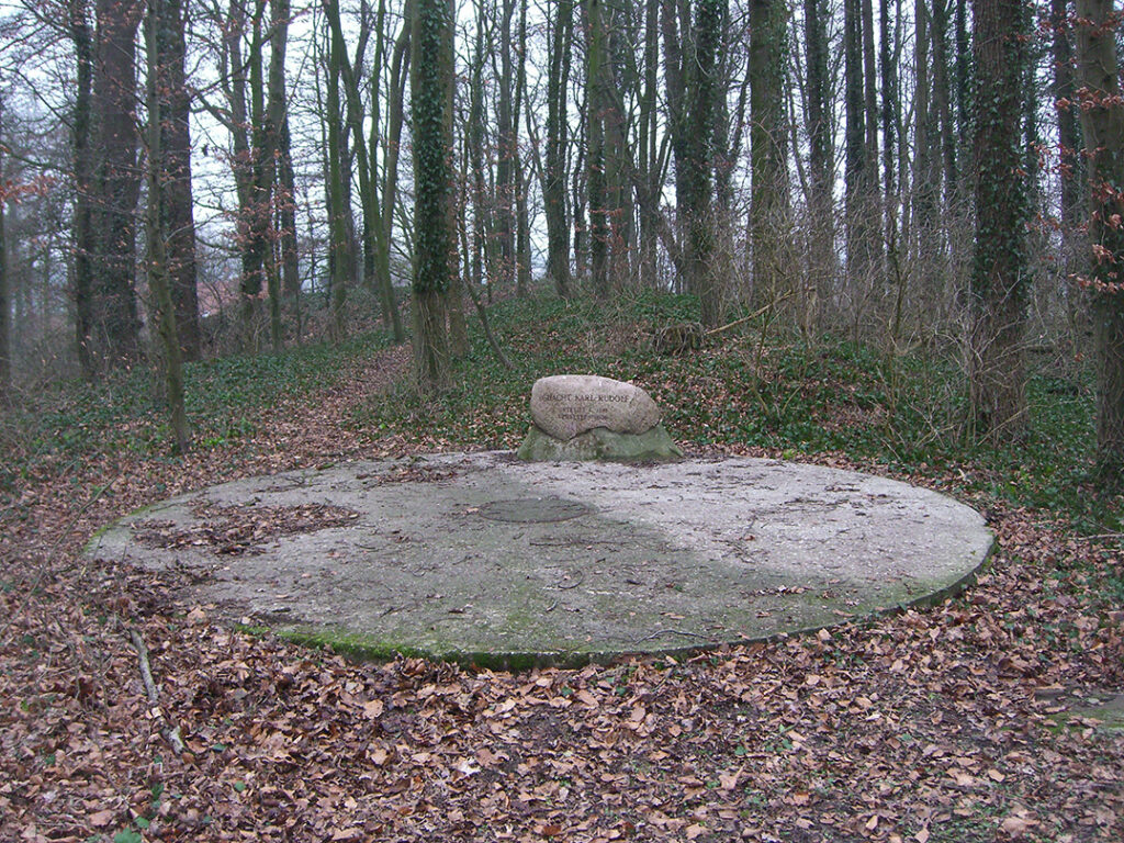 Im Wald sieht man eine große runde Steinplatte, die den Eingang zum Schacht bedeckt. 